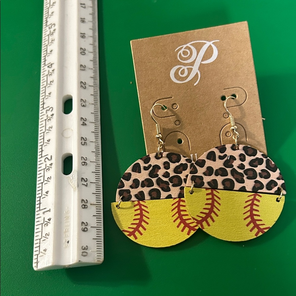 Leopard and Yellow Baseball Earrings - Picture 3 of 3